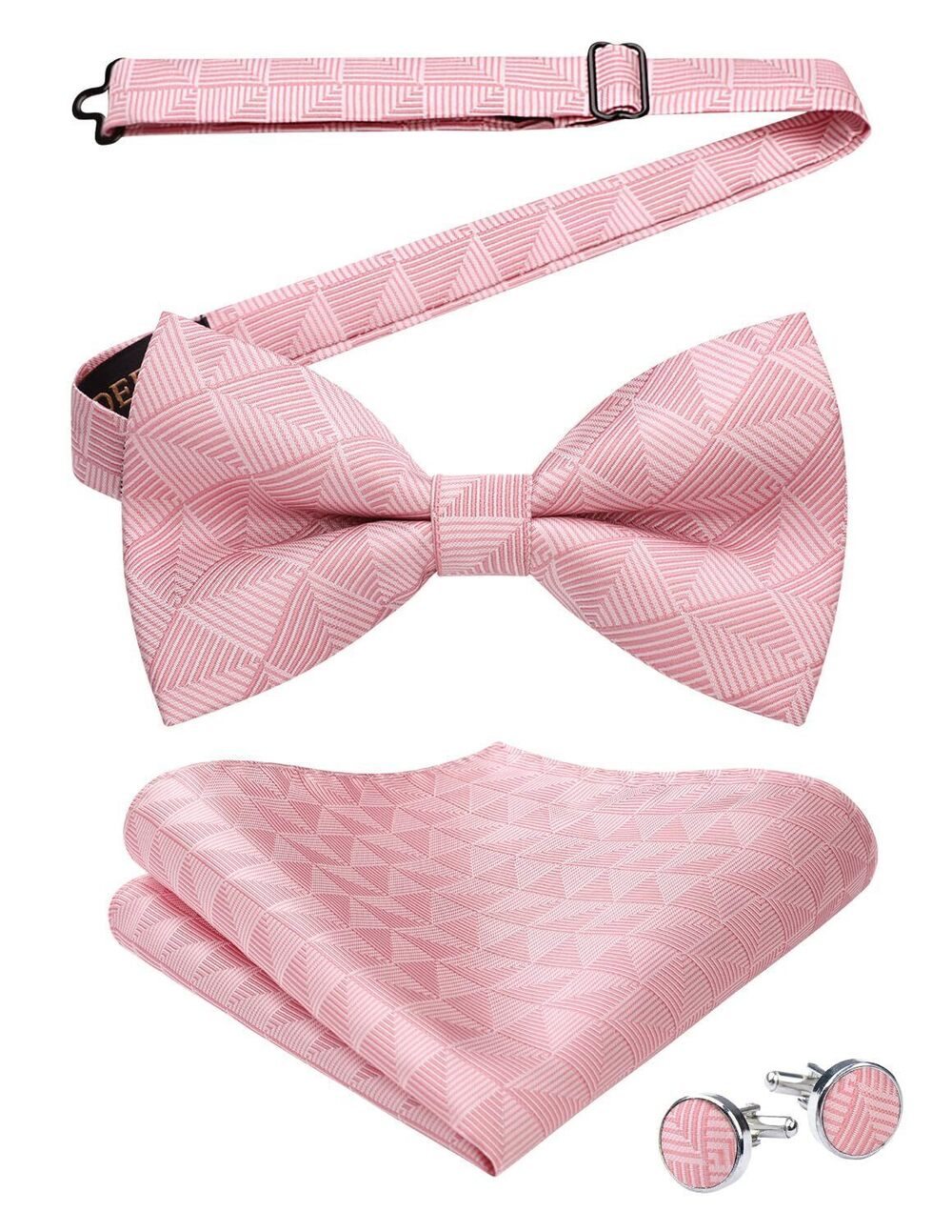 6486 Pre-Tied Bow Ties Pink Bow Tie and Handkerchief Cufflinks Set Check